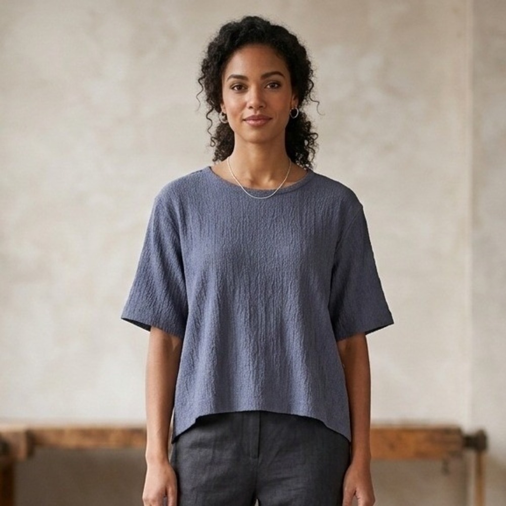 Y2K Kindred Spirit Top Blouse Womens Size L Blue Textured Knit Rayon Cotton Vtg